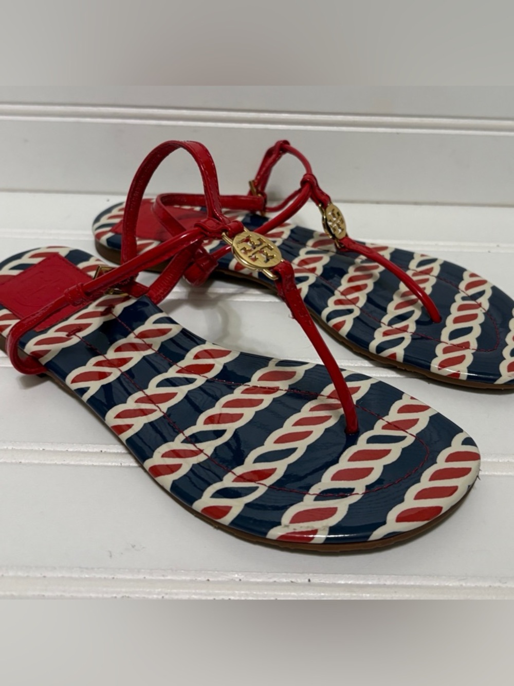 TORY BURCH Emmy Red Blue Nautical Rope Leather Strappy Thong Sandals Size 5.5